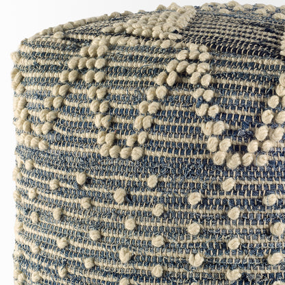 Rofi Blue Denim and Cream Cotton Stitched Square Pouf