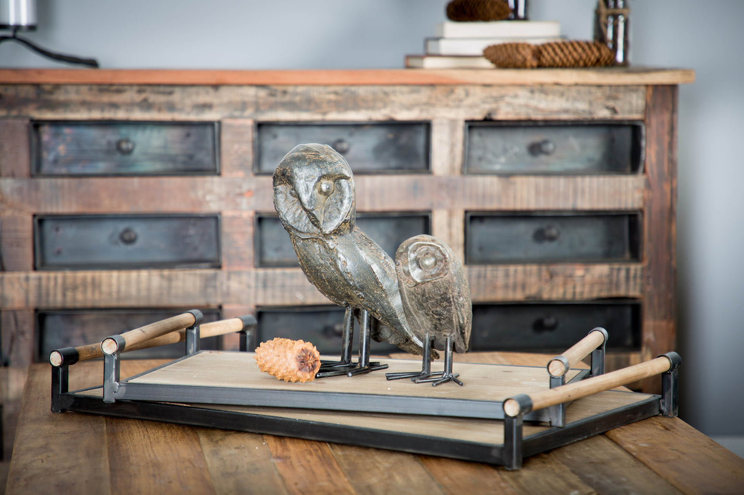 Benson Set of 2 Brown Wood Black Metal Trays