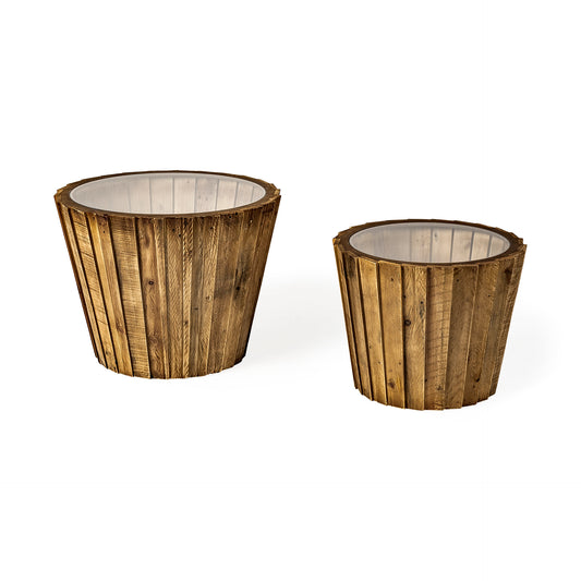 John Paul (Set of 2) 25L x 25W Brown Wood W/ Glass Accent Tables