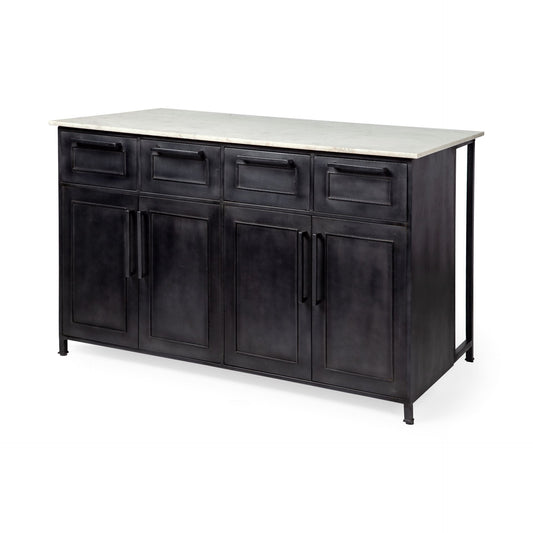 Fieri Solid Iron Black Body White Marble Top Four Drawer Kitchen Island