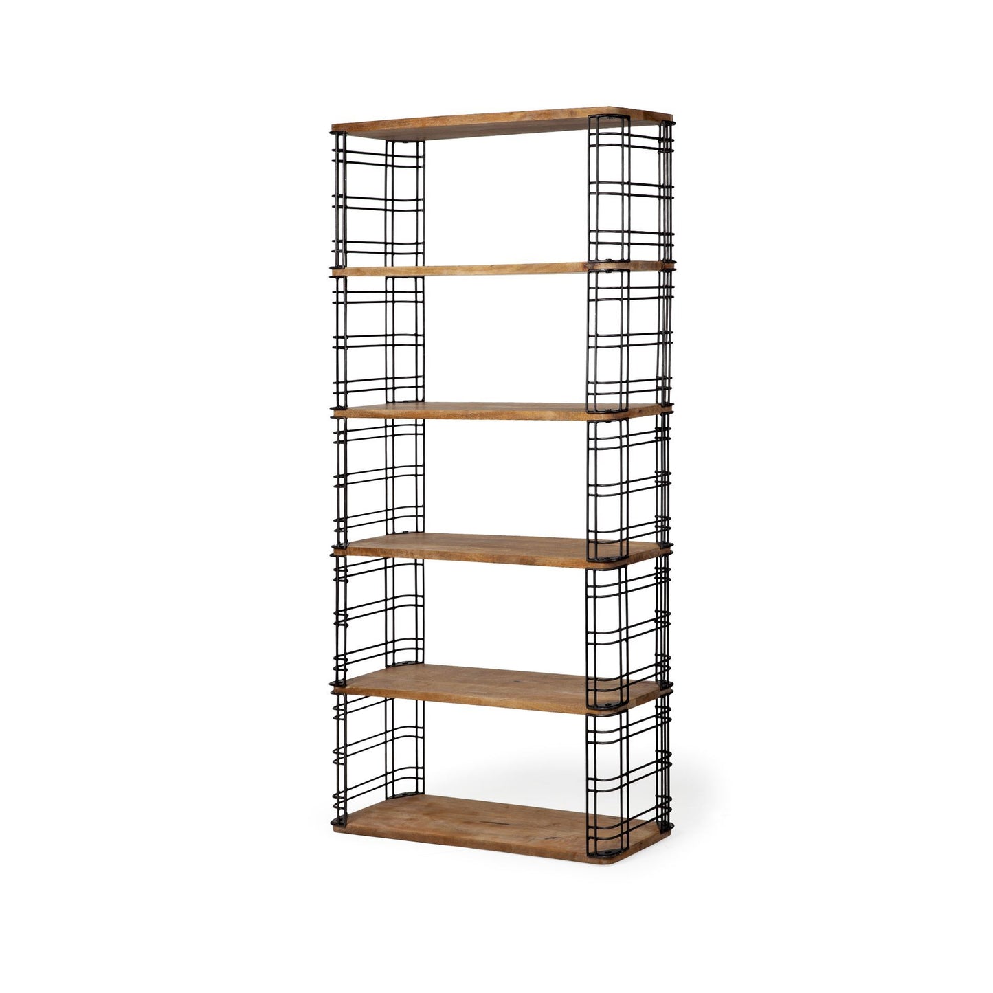 Bradie I 40L x 12W x 79H Brown Wood and Metal Frame Six Shelf Shelving Unit