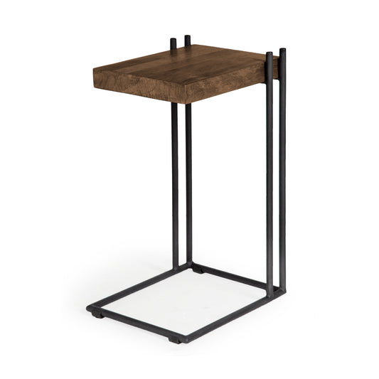 Maddox 16L x 13.5W x 27H Medium Brown Wood w/ Black Metal C-shaped End/Side Table
