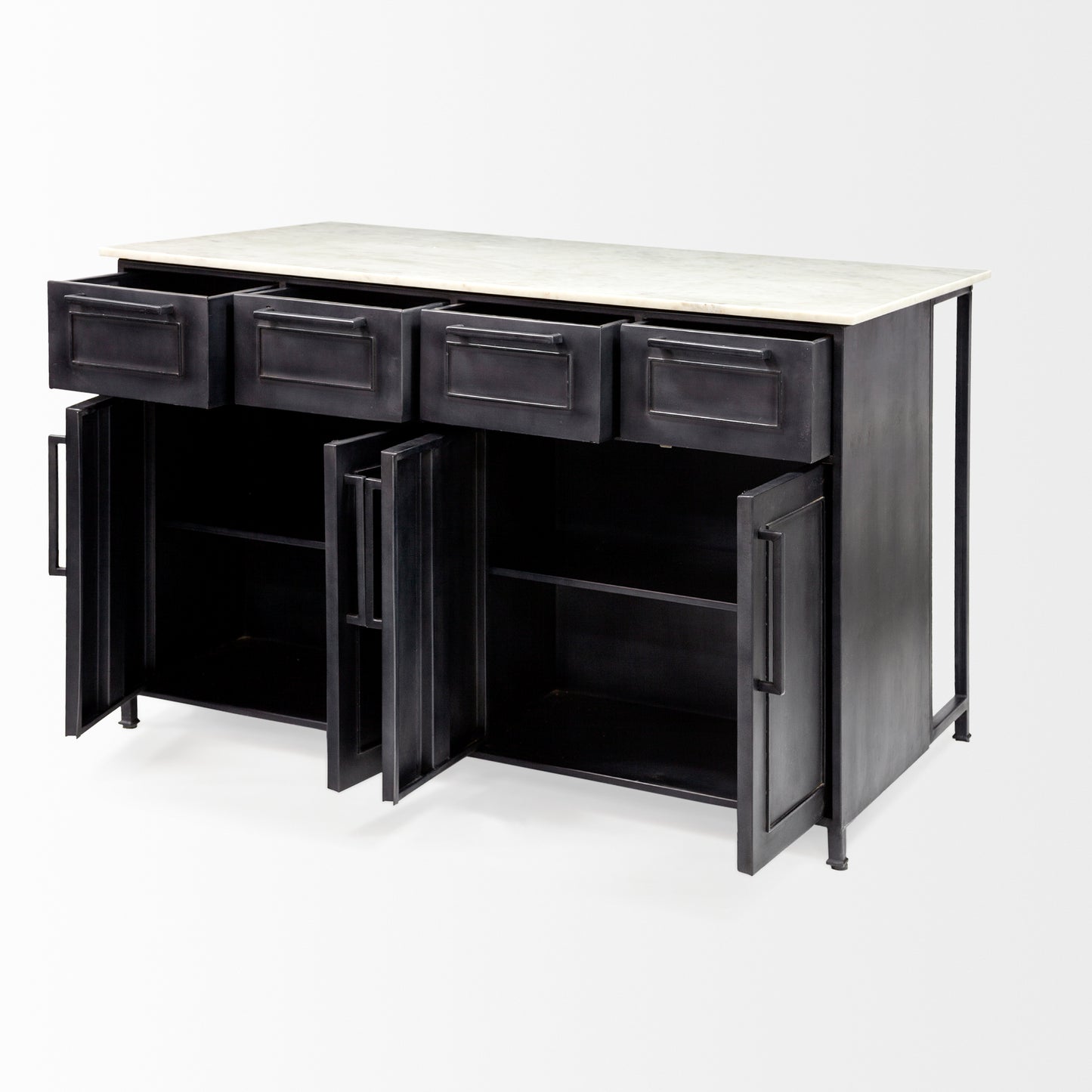 Fieri Solid Iron Black Body White Marble Top Four Drawer Kitchen Island