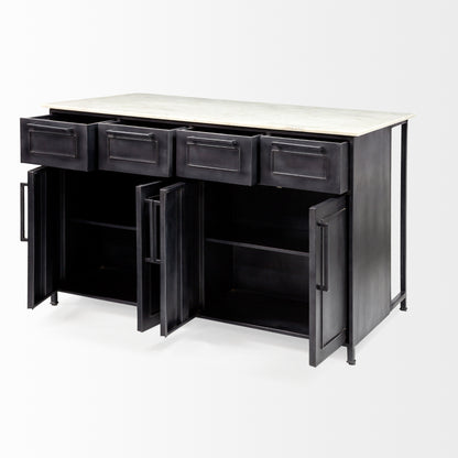 Fieri Solid Iron Black Body White Marble Top Four Drawer Kitchen Island
