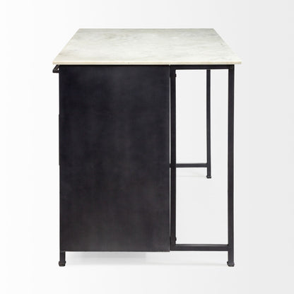 Fieri Solid Iron Black Body White Marble Top Four Drawer Kitchen Island