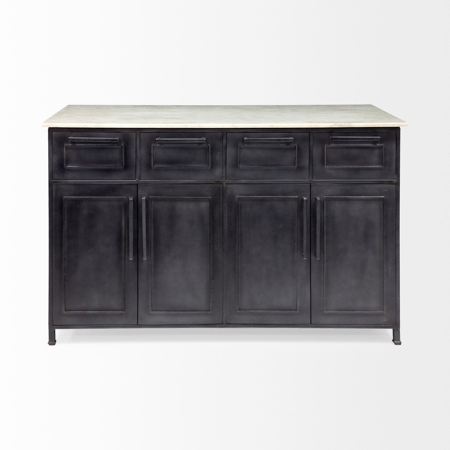 Fieri Solid Iron Black Body White Marble Top Four Drawer Kitchen Island