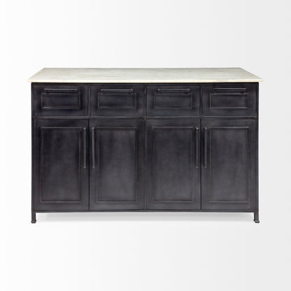Fieri Solid Iron Black Body White Marble Top Four Drawer Kitchen Island
