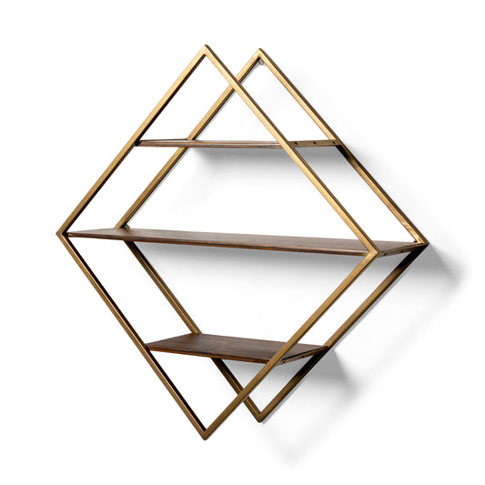 Neil I Diamond Shape Wall Mounted Brass Frame w Three Wood Wall Shelves