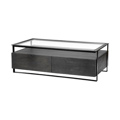 Vidro 54x30 Rectangular Glass Top Black Solid Wood Drawers & Black Frame Coffee Table