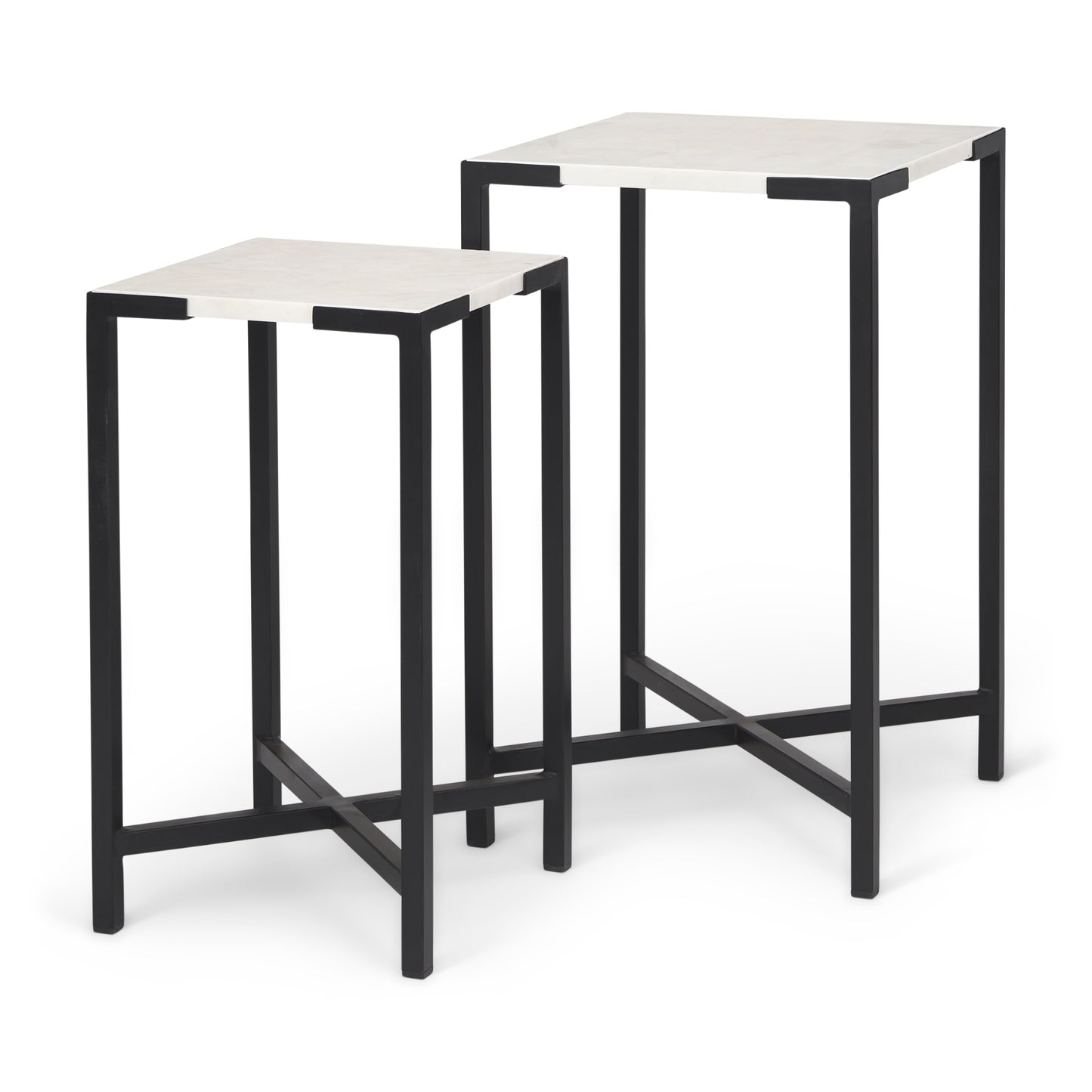 Lucas III (Set of 2) 15L x 15W; 12L x 12W White Marble W/Black Iron Frame Accent Tables