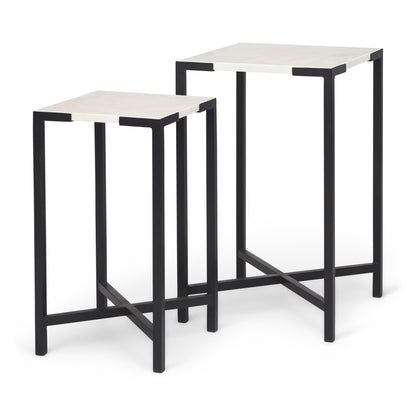 Lucas III (Set of 2) 15L x 15W; 12L x 12W White Marble W/Black Iron Frame Accent Tables