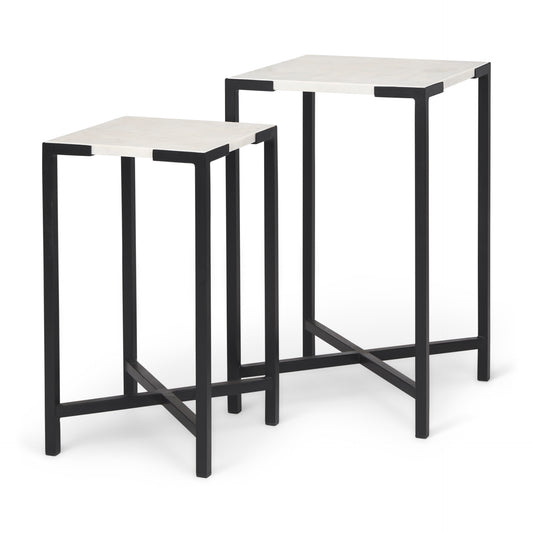 Lucas III (Set of 2) 15L x 15W; 12L x 12W White Marble W/Black Iron Frame Accent Tables