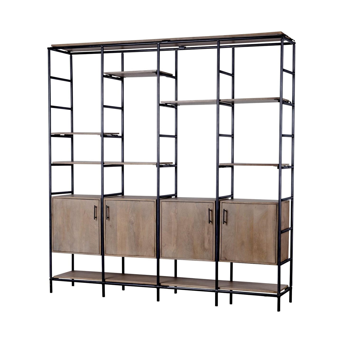 Darius 82L x 16.5W x 90H Medium Brown Wood and Metal Multi-Shelf Shelving Unit