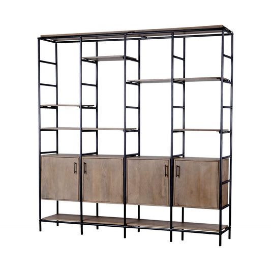 Darius 82L x 16.5W x 90H Medium Brown Wood and Metal Multi-Shelf Shelving Unit