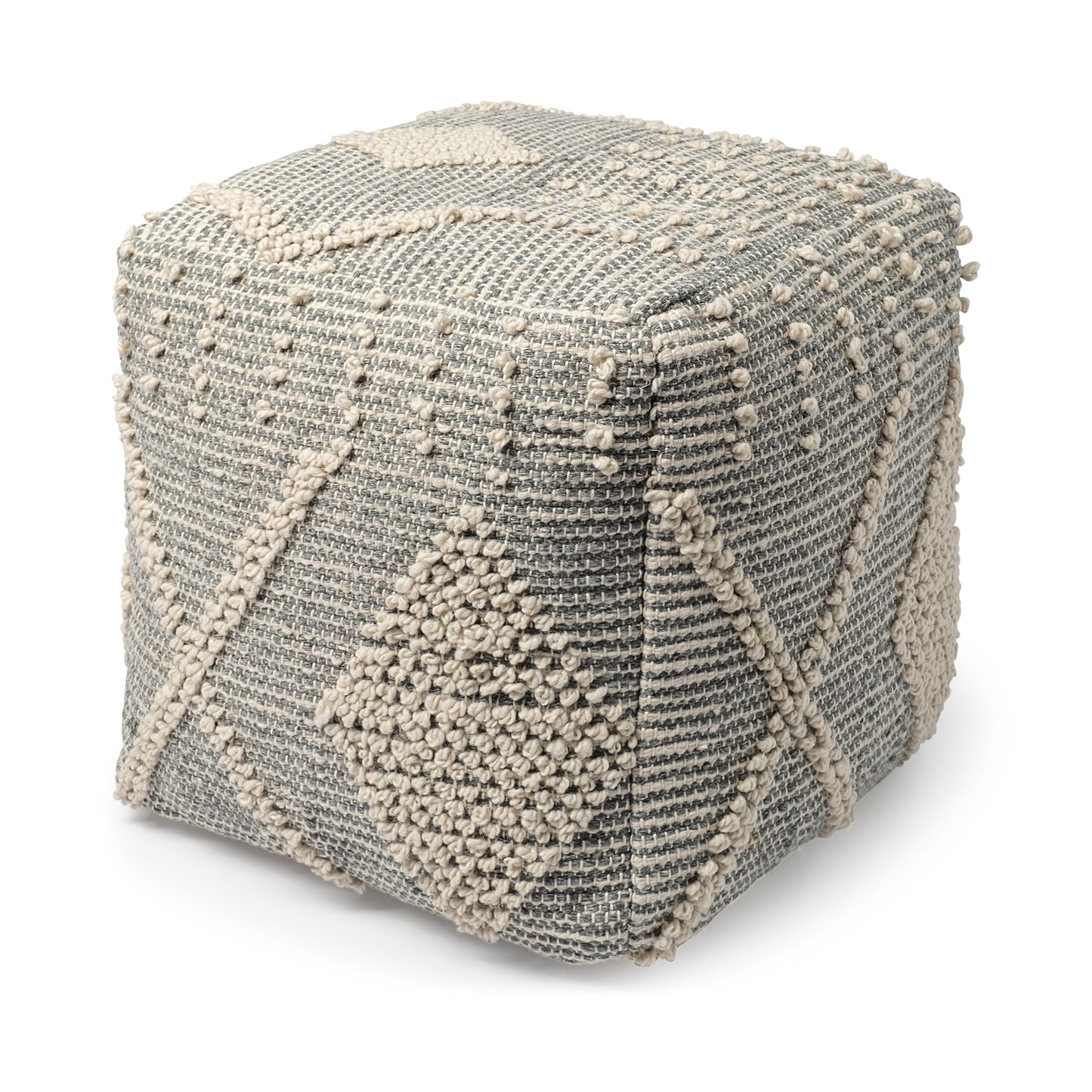 Brinket Gray/Cream Polyester Handwoven Square Pouf
