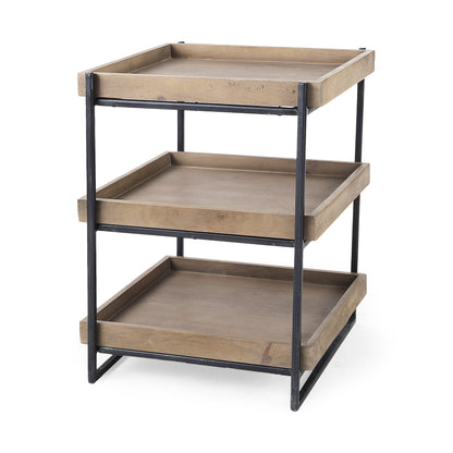 Trey III 20" x 26" Square Medium Brown Wooden Three-Tiered Black Iron Frame End/Side Table
