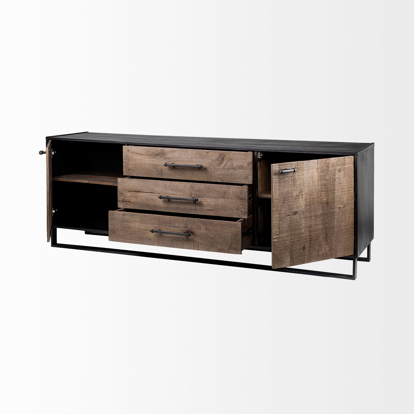 Alvin 82x20 Brown Solid Wood With Black Metal Frame 3 Drawer 2 Cabinet Door Sideboard