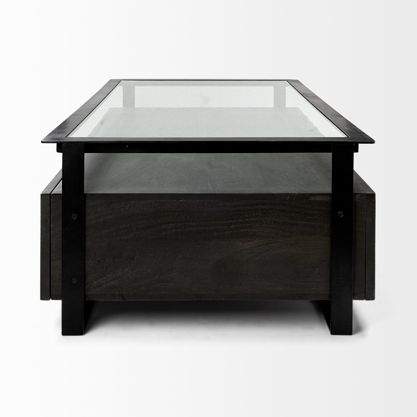 Vidro 54x30 Rectangular Glass Top Black Solid Wood Drawers & Black Frame Coffee Table