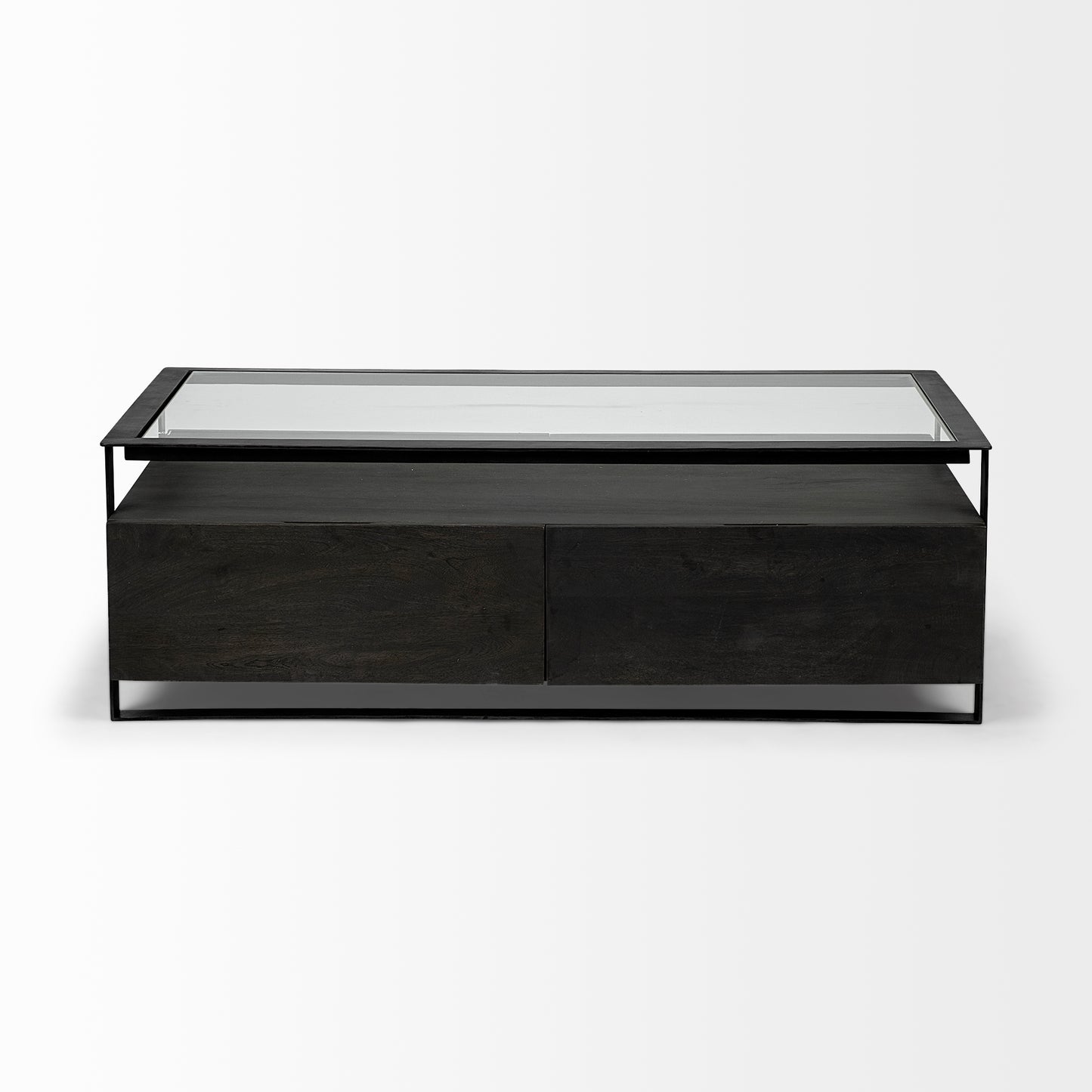 Vidro 54x30 Rectangular Glass Top Black Solid Wood Drawers & Black Frame Coffee Table