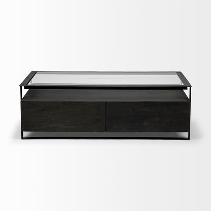 Vidro 54x30 Rectangular Glass Top Black Solid Wood Drawers & Black Frame Coffee Table