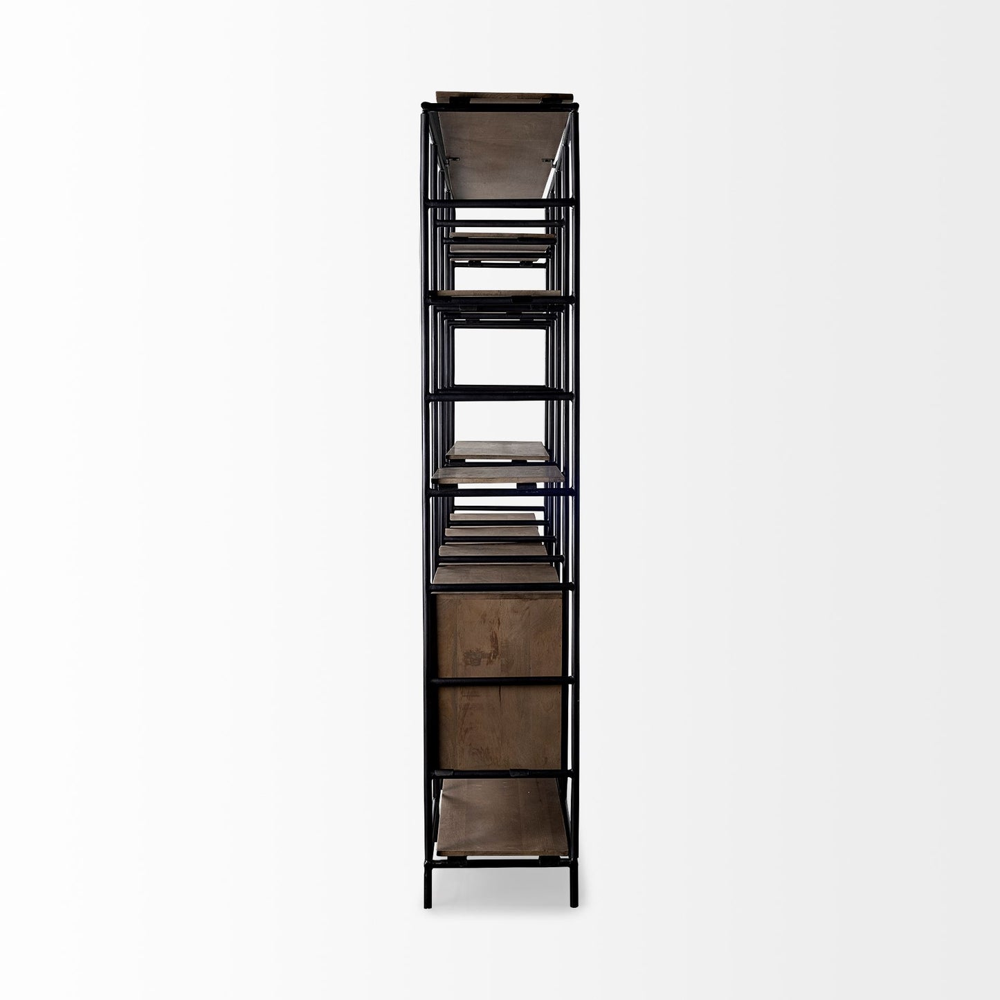 Darius 82L x 16.5W x 90H Medium Brown Wood and Metal Multi-Shelf Shelving Unit
