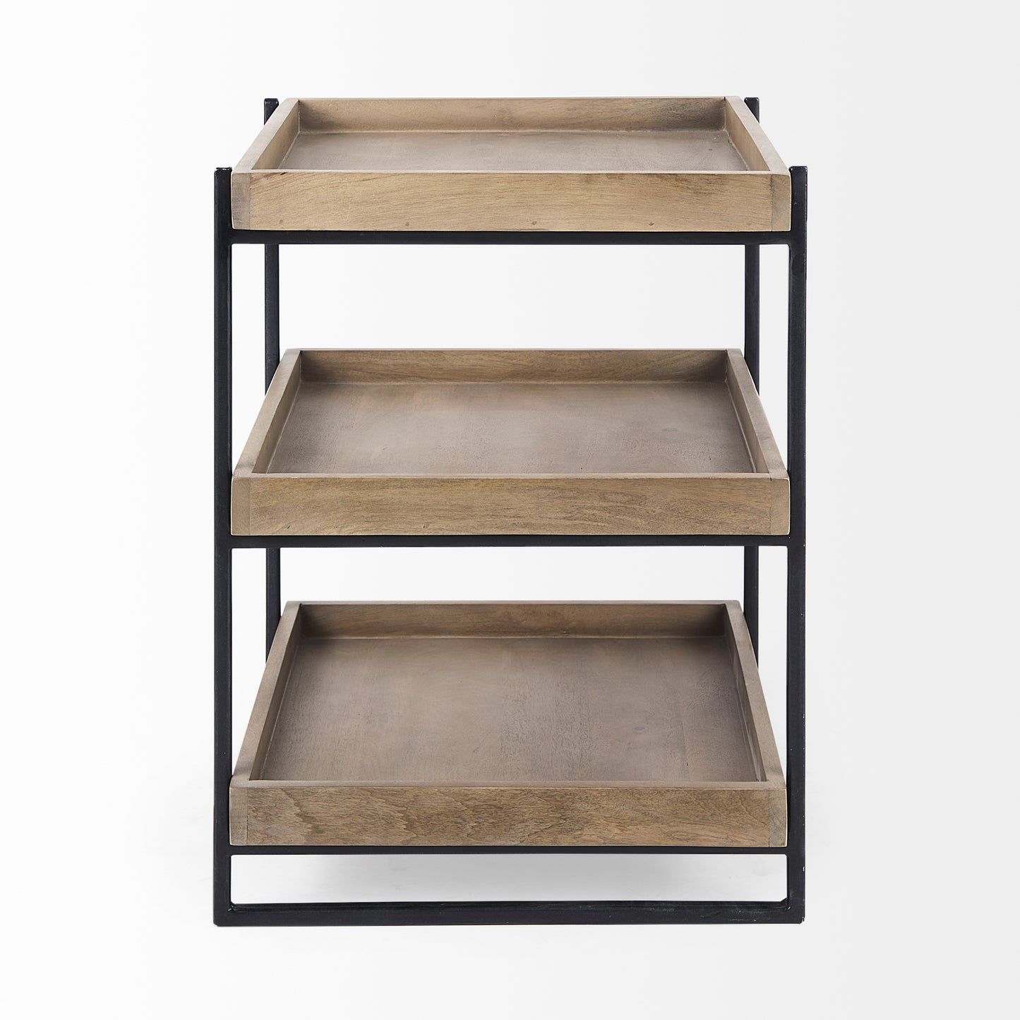 Trey III 20" x 26" Square Medium Brown Wooden Three-Tiered Black Iron Frame End/Side Table