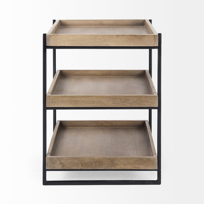 Trey III 20" x 26" Square Medium Brown Wooden Three-Tiered Black Iron Frame End/Side Table