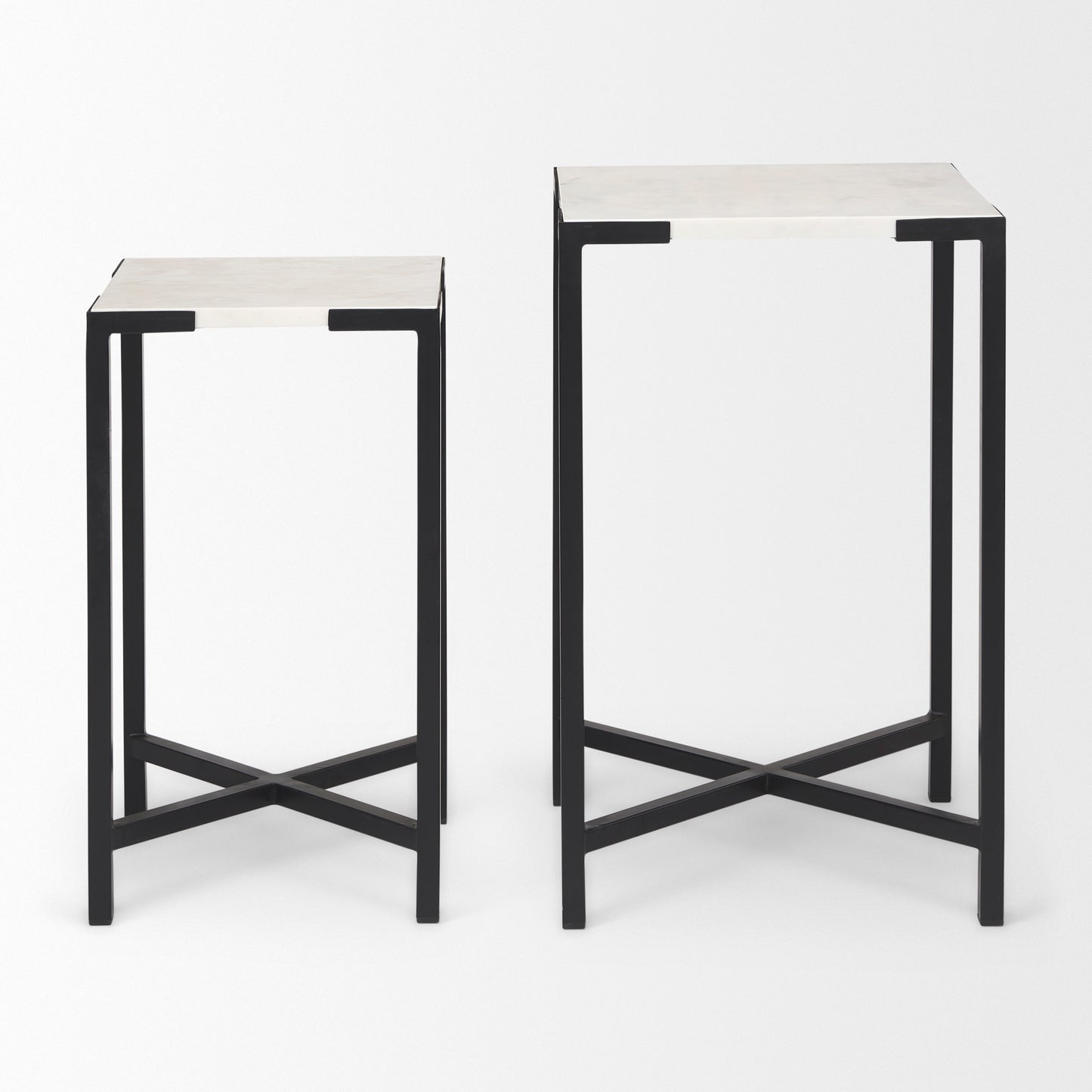 Lucas III (Set of 2) 15L x 15W; 12L x 12W White Marble W/Black Iron Frame Accent Tables