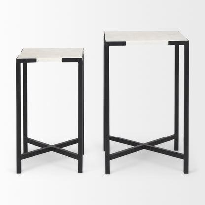 Lucas III (Set of 2) 15L x 15W; 12L x 12W White Marble W/Black Iron Frame Accent Tables