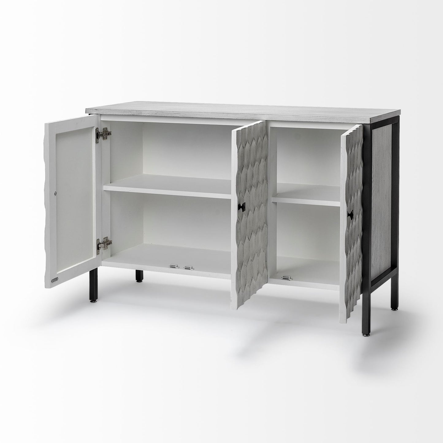 Savannah White Fir Veneer & Gray Metal 3-Door Accent Cabinet