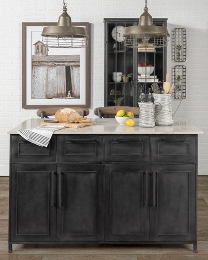 Fieri Solid Iron Black Body White Marble Top Four Drawer Kitchen Island
