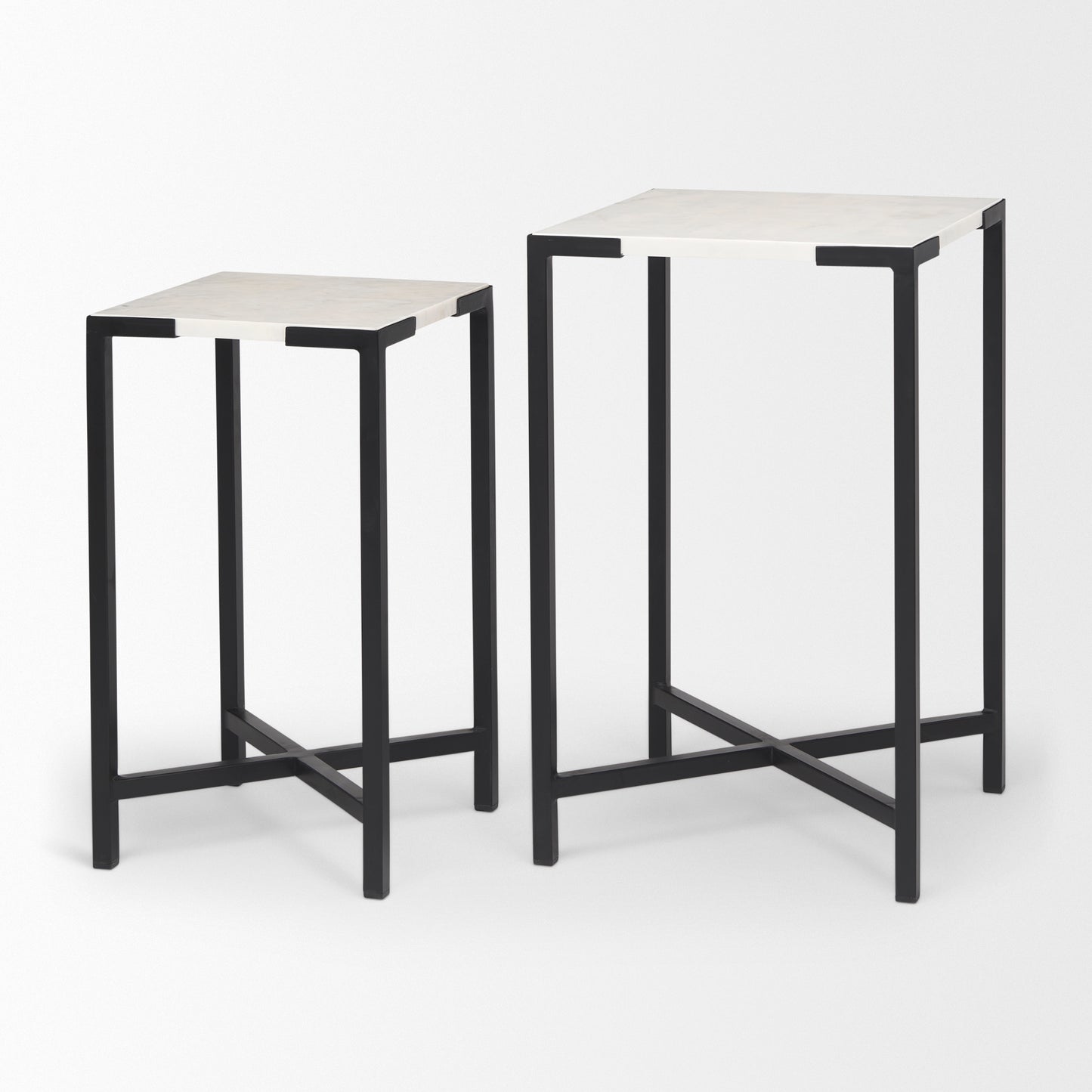 Lucas III (Set of 2) 15L x 15W; 12L x 12W White Marble W/Black Iron Frame Accent Tables