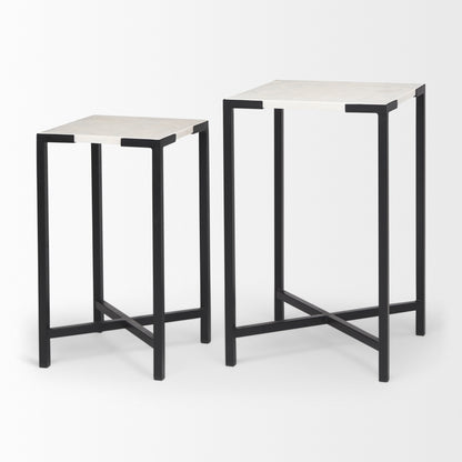 Lucas III (Set of 2) 15L x 15W; 12L x 12W White Marble W/Black Iron Frame Accent Tables