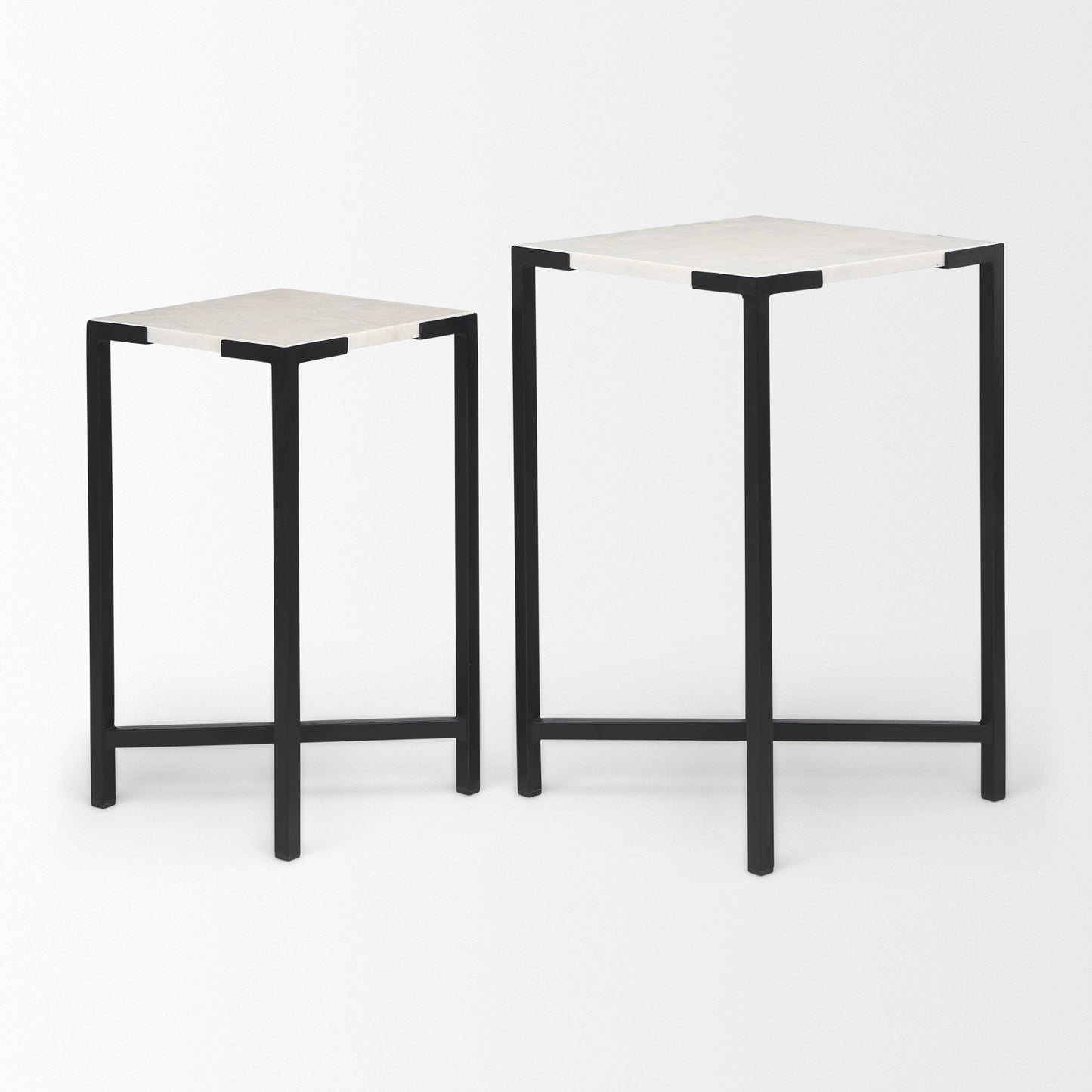 Lucas III (Set of 2) 15L x 15W; 12L x 12W White Marble W/Black Iron Frame Accent Tables