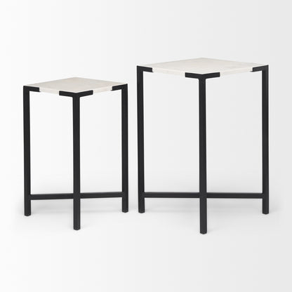 Lucas III (Set of 2) 15L x 15W; 12L x 12W White Marble W/Black Iron Frame Accent Tables