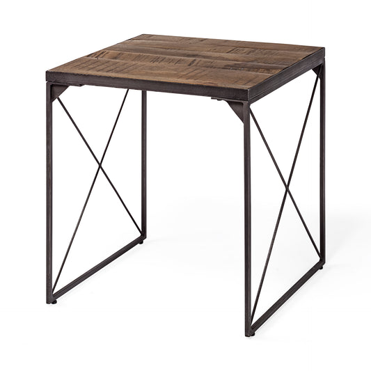 Trestman II 24" x 22.5" Square Top Medium Brown Wood and Iron Cross Braced End/Side Table