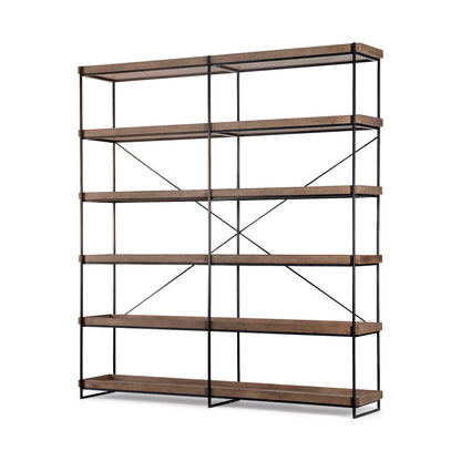 Trey IV 80L x 16W x 87.5H Medium Brown Wood and Iron Five Tray Shelf Shelving Unit