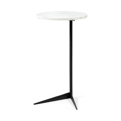 Ballatine II 15L x 15W x 27L White Marble Round Top White w/ Black Metal Base Accent Table