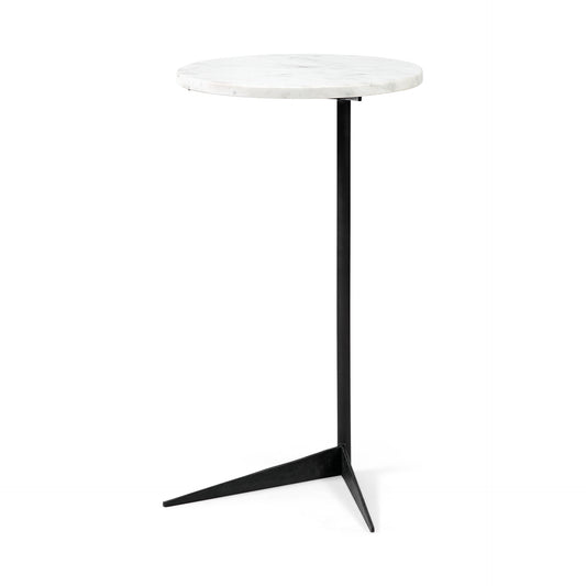 Ballatine II 15L x 15W x 27L White Marble Round Top White w/ Black Metal Base Accent Table