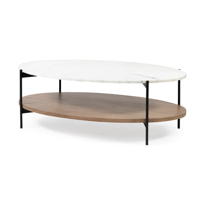 Larkin 48" Oval White Marble Top and Solid Wood Shelf w/ Black Metal Frame Coffee Table