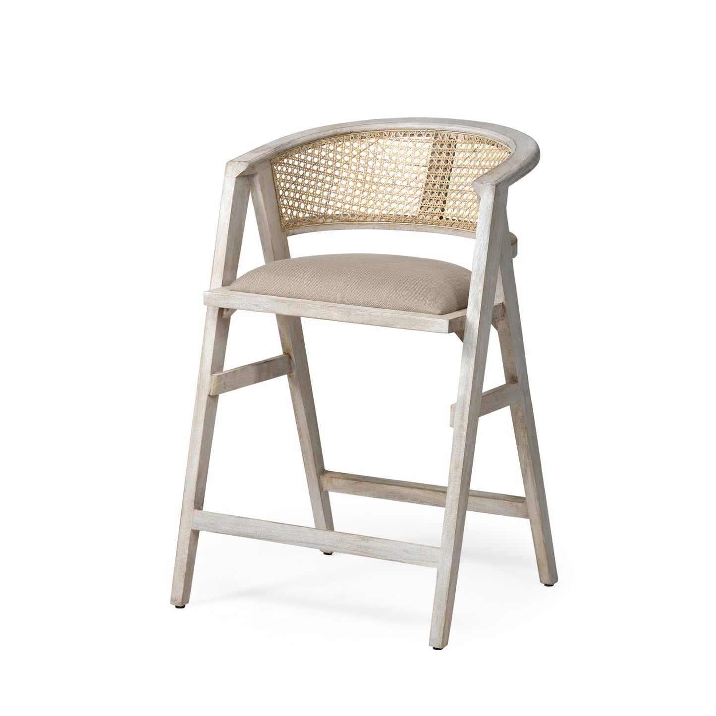 Tabitha 26.75" Seat Height Beige Fabric/Rattan Seat Blonde Wood Frame Counter Stool