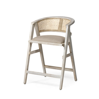 Tabitha 26.75" Seat Height Beige Fabric/Rattan Seat Blonde Wood Frame Counter Stool