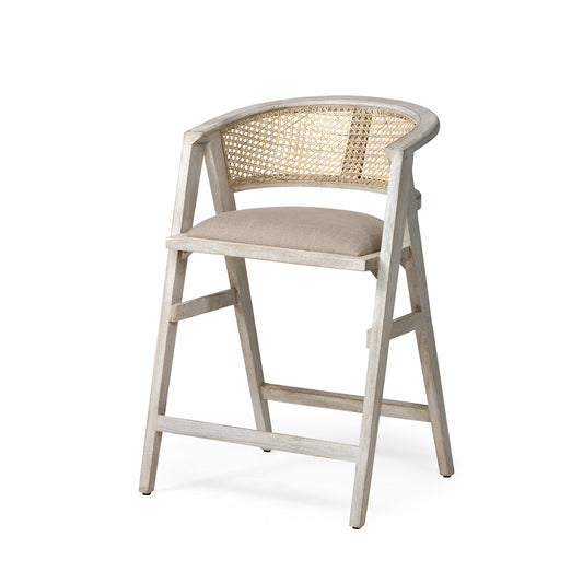 Tabitha 26.75" Seat Height Beige Fabric/Rattan Seat Blonde Wood Frame Counter Stool