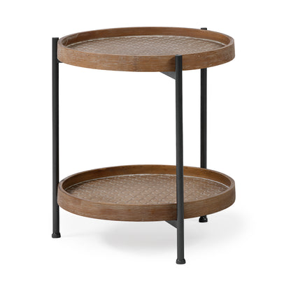 Kade III 16.9" Round Top Natural Brown Wood and Gray Metal Frame Tray-Style End/Side Table