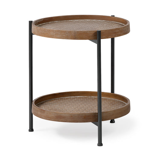 Kade III 16.9" Round Top Natural Brown Wood and Gray Metal Frame Tray-Style End/Side Table