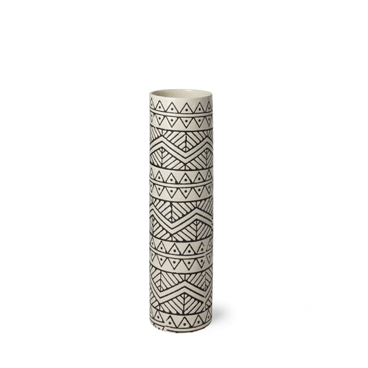 Uhura I Small Cream Black Patterned Cylindrical Vase