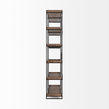 Trey IV 80L x 16W x 87.5H Medium Brown Wood and Iron Five Tray Shelf Shelving Unit