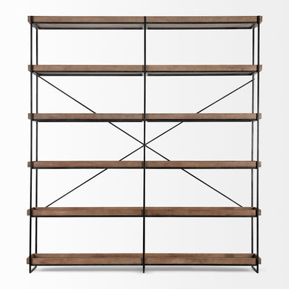 Trey IV 80L x 16W x 87.5H Medium Brown Wood and Iron Five Tray Shelf Shelving Unit