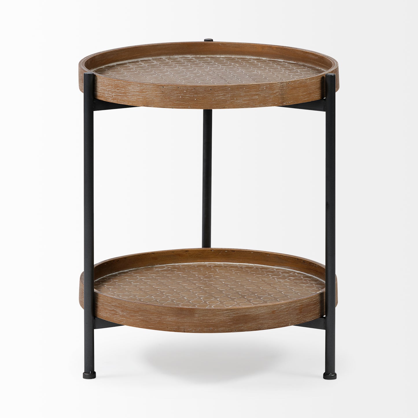 Kade III 16.9" Round Top Natural Brown Wood and Gray Metal Frame Tray-Style End/Side Table