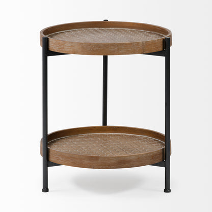 Kade III 16.9" Round Top Natural Brown Wood and Gray Metal Frame Tray-Style End/Side Table